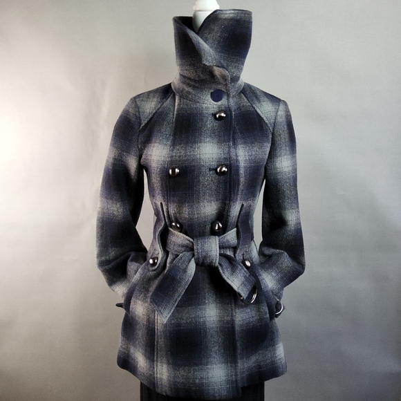 MISS SIXTY Wmns XS Wool Blend Blue Plaid Double Breast Jacket Coat ClassicCore - Picture 8 of 15